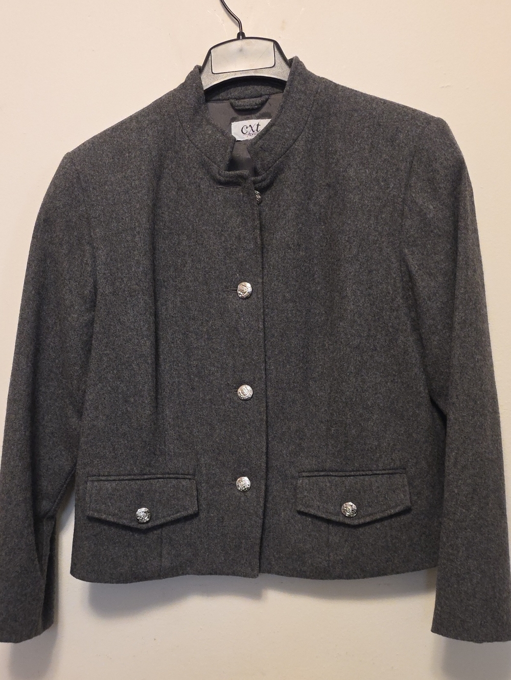 Women's Cropped Gray Wool-Blend Blazer with Decorative Buttons